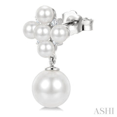 3MM & 7MM White Cultured Pearl and 1/10 Ctw Round Cut Diamond Fashion Earrings in 10K White Gold