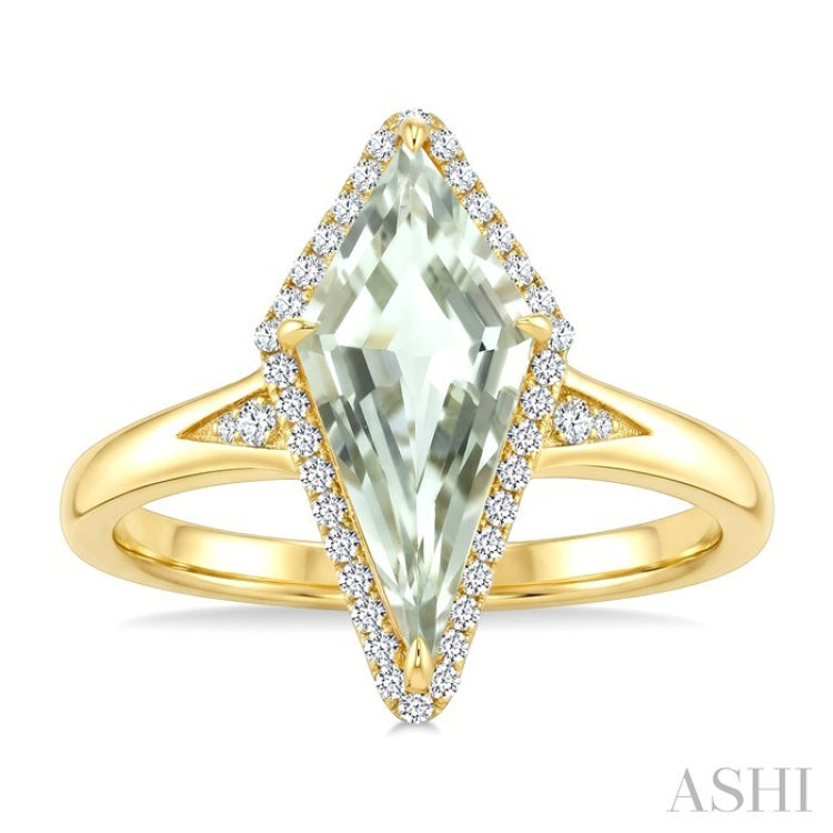 16X7 MM Evoque Gemstone Kite Shape Green Amethyst and 1/6 Ctw Round Cut Diamond Semi-Precious Ring in 10K Yellow Gold
