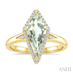 16X7 MM Evoque Gemstone Kite Shape Green Amethyst and 1/6 Ctw Round Cut Diamond Semi-Precious Ring in 10K Yellow Gold