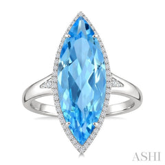 22X8 MM Evoque Gemstones Marquise Shape Blue Topaz and 1/5 Ctw Round Cut Diamond Semi-Precious Ring in 14K White Gold