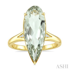 22X8 MM Evoque Gemstone Pear Shape Green Amethyst and 1/50 Ctw Round Cut Diamond Semi-Precious Ring in 14K Yellow Gold