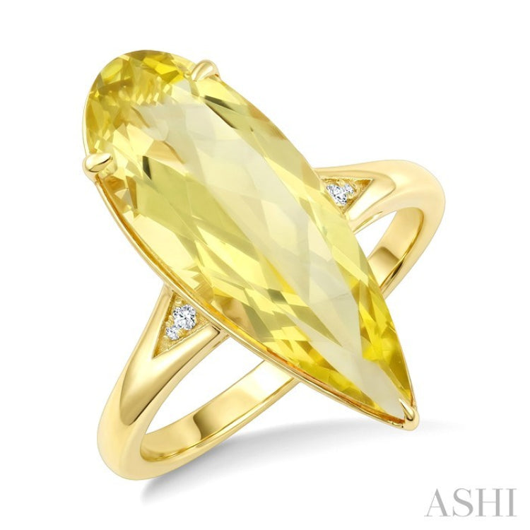 22X8 MM Evoque Gemstones Pear Shape Lemon Quartz and 1/50 Ctw Round Cut Diamond Semi-Precious Ring in 14K Yellow Gold