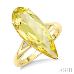 22X8 MM Evoque Gemstones Pear Shape Lemon Quartz and 1/50 Ctw Round Cut Diamond Semi-Precious Ring in 14K Yellow Gold