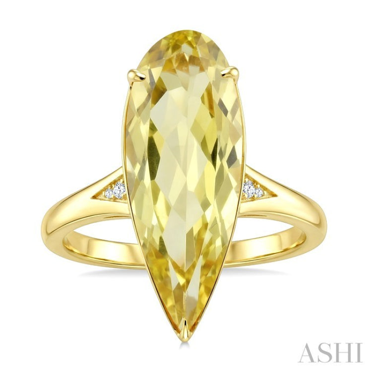 22X8 MM Evoque Gemstones Pear Shape Lemon Quartz and 1/50 Ctw Round Cut Diamond Semi-Precious Ring in 14K Yellow Gold