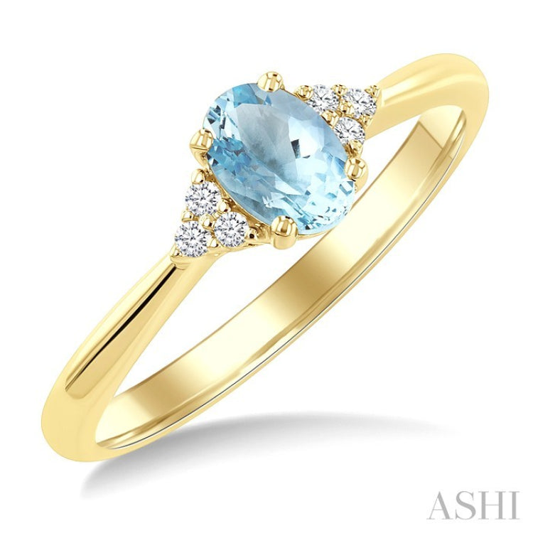 1/20 Ctw Oval Cut 6X4 MM Aquamarine and Round Cut Diamond semi-precious Ring in 10K Yellow Gold