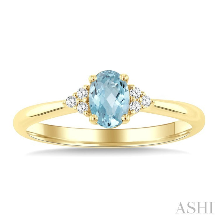 1/20 Ctw Oval Cut 6X4 MM Aquamarine and Round Cut Diamond semi-precious Ring in 10K Yellow Gold