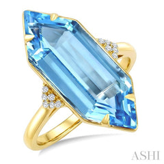 22X8 MM Evoque Gemstones Hexagon Shape Blue Topaz and 1/20 Ctw Round Cut Diamond Semi-Precious Ring in 14K Yellow Gold