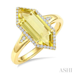 16X6 MM Evoque Gemstones Hexagon Shape Lemon Quartz and 1/5 Ctw Round Cut Diamond Semi-Precious Ring in 10K Yellow Gold