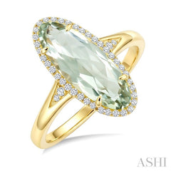 16X6 MM Evoque Gemstone Oval Shape Green Amethyst and 1/6 Ctw Round Cut Diamond Semi-Precious Ring in 10K Yellow Gold