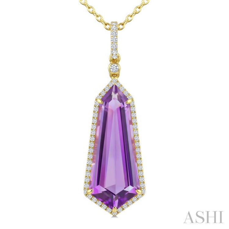 22X9 MM Evoque Gemstones Shield Shape Amethyst and 1/4 Ctw Round Cut Diamond Semi-Precious Pendant With Chain in 14K Yellow Gold