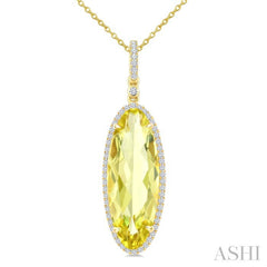 22X8 MM Evoque Gemstones Oval Shape Lemon Quartz and 1/4 Ctw Round Cut Diamond Semi-Precious Pendant With Chain in 14K Yellow Gold