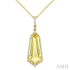 22X9 MM Evoque Gemstones Shield Shape Lemon Quartz and 1/4 Ctw Round Cut Diamond Semi-Precious Pendant With Chain in 14K Yellow Gold