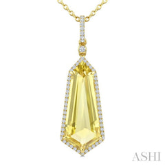 22X9 MM Evoque Gemstones Shield Shape Lemon Quartz and 1/4 Ctw Round Cut Diamond Semi-Precious Pendant With Chain in 14K Yellow Gold