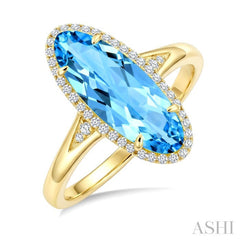 16X6 MM Evoque Gemstones Oval Shape Blue Topaz and 1/6 Ctw Round Cut Diamond Semi-Precious Ring in 10K Yellow Gold