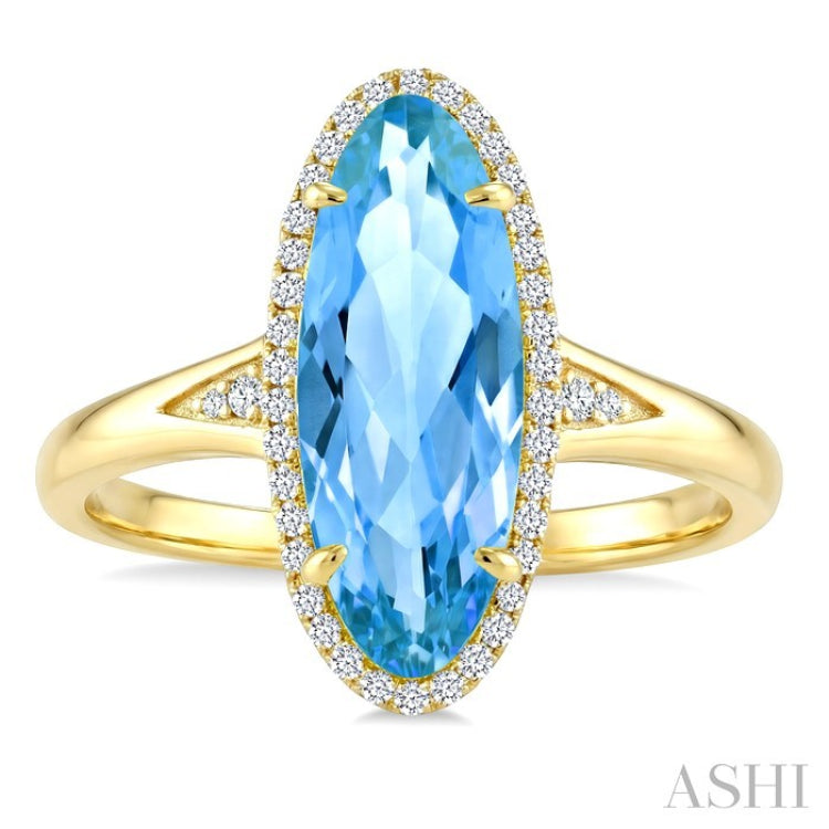 16X6 MM Evoque Gemstones Oval Shape Blue Topaz and 1/6 Ctw Round Cut Diamond Semi-Precious Ring in 10K Yellow Gold