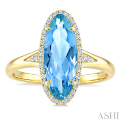 16X6 MM Evoque Gemstones Oval Shape Blue Topaz and 1/6 Ctw Round Cut Diamond Semi-Precious Ring in 10K Yellow Gold