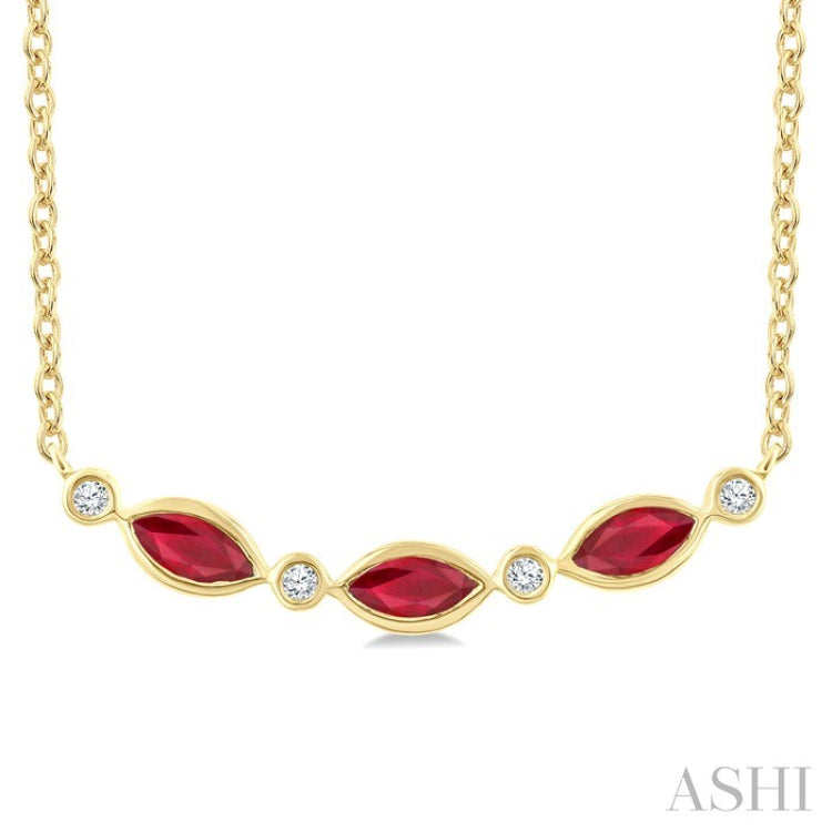 4X2 MM Marquise Shape Ruby and 1/50 Ctw Round Cut Diamond Precious Bar Necklace in 10K Yellow Gold