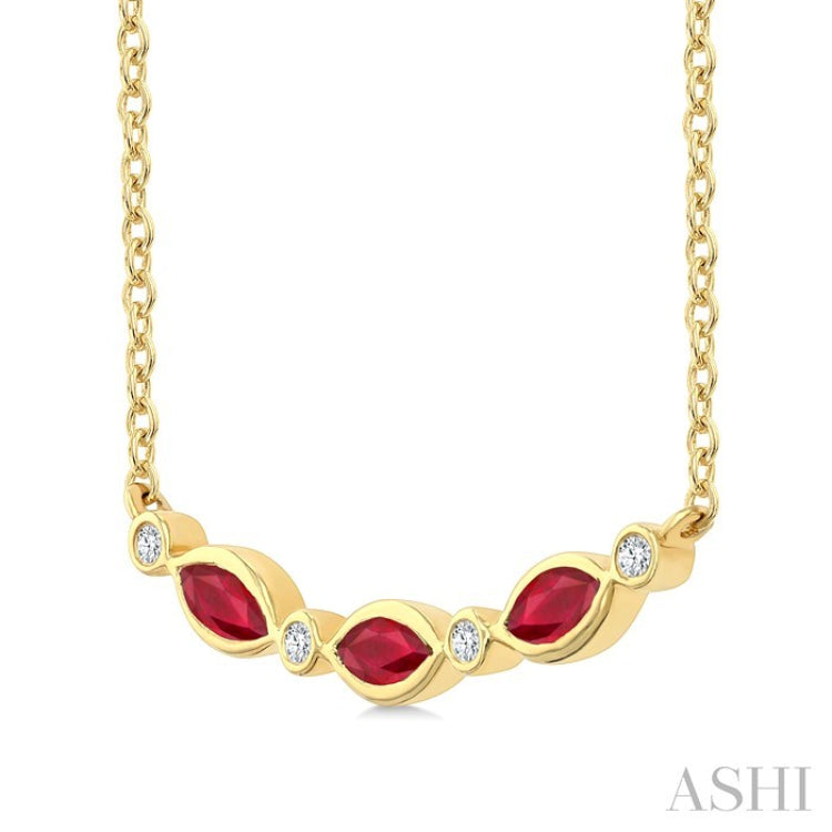 4X2 MM Marquise Shape Ruby and 1/50 Ctw Round Cut Diamond Precious Bar Necklace in 10K Yellow Gold