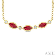 4X2 MM Marquise Shape Ruby and 1/50 Ctw Round Cut Diamond Precious Bar Necklace in 10K Yellow Gold