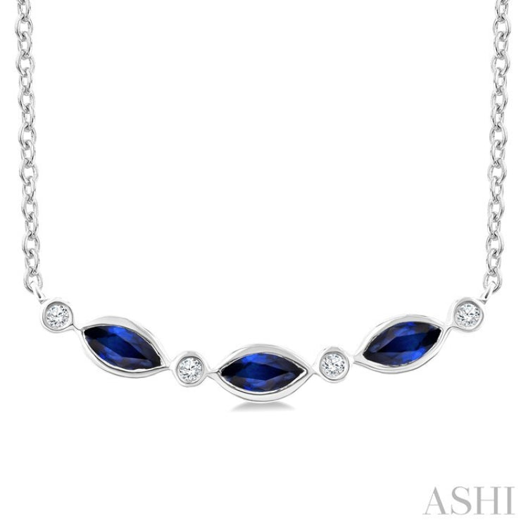 4X2 MM Marquise Shape Sapphire and 1/50 Ctw Round Cut Diamond Precious Bar Necklace in 10K White Gold