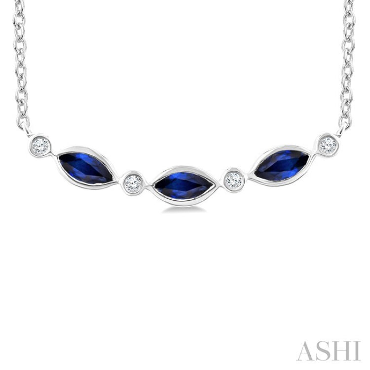 4X2 MM Marquise Shape Sapphire and 1/50 Ctw Round Cut Diamond Precious Bar Necklace in 10K White Gold