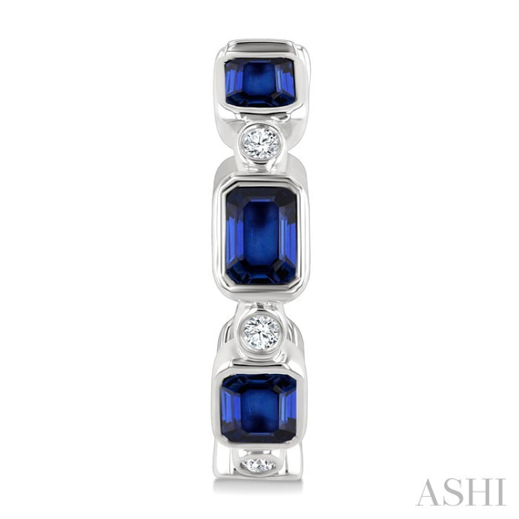 4X3 MM Octagon Shape Sapphire and 1/20 Ctw Bezel Set Round Cut Diamond Fashion Hoop Earrings in 10K White Gold