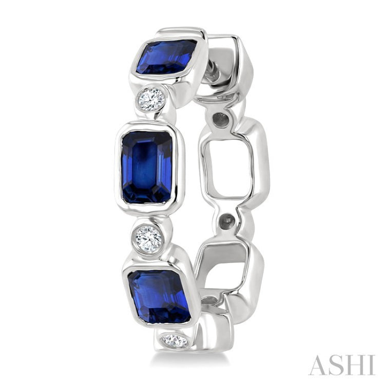 4X3 MM Octagon Shape Sapphire and 1/20 Ctw Bezel Set Round Cut Diamond Fashion Hoop Earrings in 10K White Gold