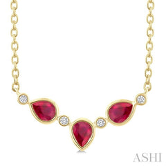 4X3MM Pear Cut Ruby and 1/50 Ctw Bezel Set Round Cut Diamond Precious Fashion Necklace in 10K Yellow Gold