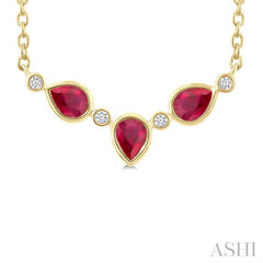 4X3MM Pear Cut Ruby and 1/50 Ctw Bezel Set Round Cut Diamond Precious Fashion Necklace in 10K Yellow Gold