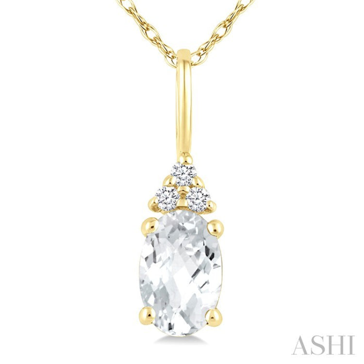 1/50 Ctw Oval Cut 6X4 MM White Topaz and Round Cut Diamond semi-precious Pendant With Chain in 10K Yellow Gold