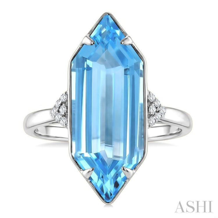 22X8 MM Evoque Gemstones Hexagon Shape Blue Topaz and 1/20 Ctw Round Cut Diamond Semi-Precious Ring in 14K White Gold
