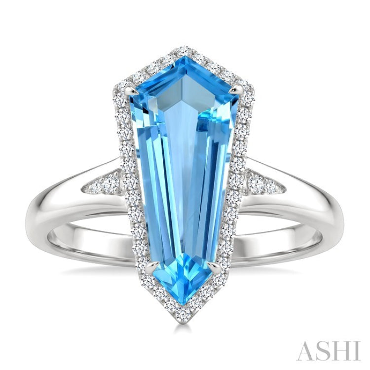 16X7 MM Evoque Gemstones Shield Shape Blue Topaz and 1/6 Ctw Round Cut Diamond Semi-Precious Ring in 10K White Gold