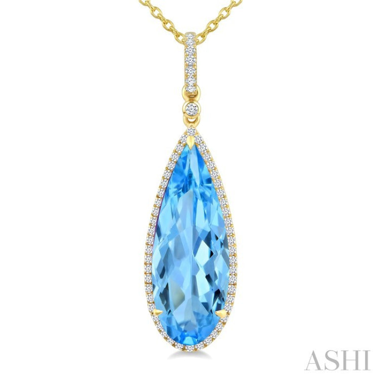22X8 MM Evoque Gemstones Pear Shape Blue Topaz and 1/4 Ctw Round Cut Diamond Semi-Precious Pendant With Chain in 14K Yellow Gold
