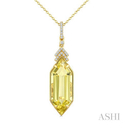 22X8 MM Evoque Gemstones Hexagon Shape Lemon Quartz and 1/10 Ctw Round Cut Diamond Semi-Precious Pendant With Chain in 14K Yellow Gold