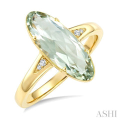 16X6 MM Evoque Gemstone Oval Shape Green Amethyst and 1/50 Ctw Round Cut Diamond Semi-Precious Ring in 10K Yellow Gold