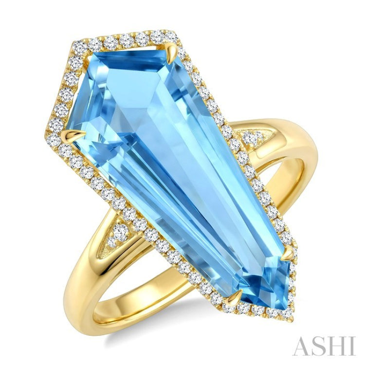 22X9 MM Evoque Gemstones Shield Shape Blue Topaz and 1/4 Ctw Round Cut Diamond Semi-Precious Ring in 14K Yellow Gold