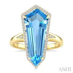 22X9 MM Evoque Gemstones Shield Shape Blue Topaz and 1/4 Ctw Round Cut Diamond Semi-Precious Ring in 14K Yellow Gold