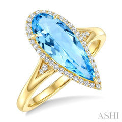 16X6 MM Evoque Gemstones Pear Shape Blue Topaz and 1/6 Ctw Round Cut Diamond Semi-Precious Ring in 10K Yellow Gold