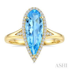 16X6 MM Evoque Gemstones Pear Shape Blue Topaz and 1/6 Ctw Round Cut Diamond Semi-Precious Ring in 10K Yellow Gold