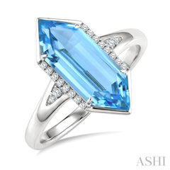 16X6 MM Evoque Gemstones Hexagon Shape Blue Topaz and 1/10 Ctw Round Cut Diamond Semi-Precious Ring in 10K White Gold