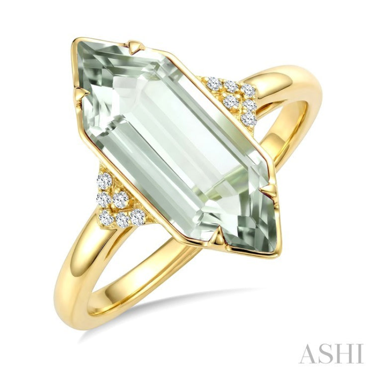 16X6 MM Evoque Gemstone Hexagon Shape Green Amethyst and 1/20 Ctw Round Cut Diamond Semi-Precious Ring in 10K Yellow Gold