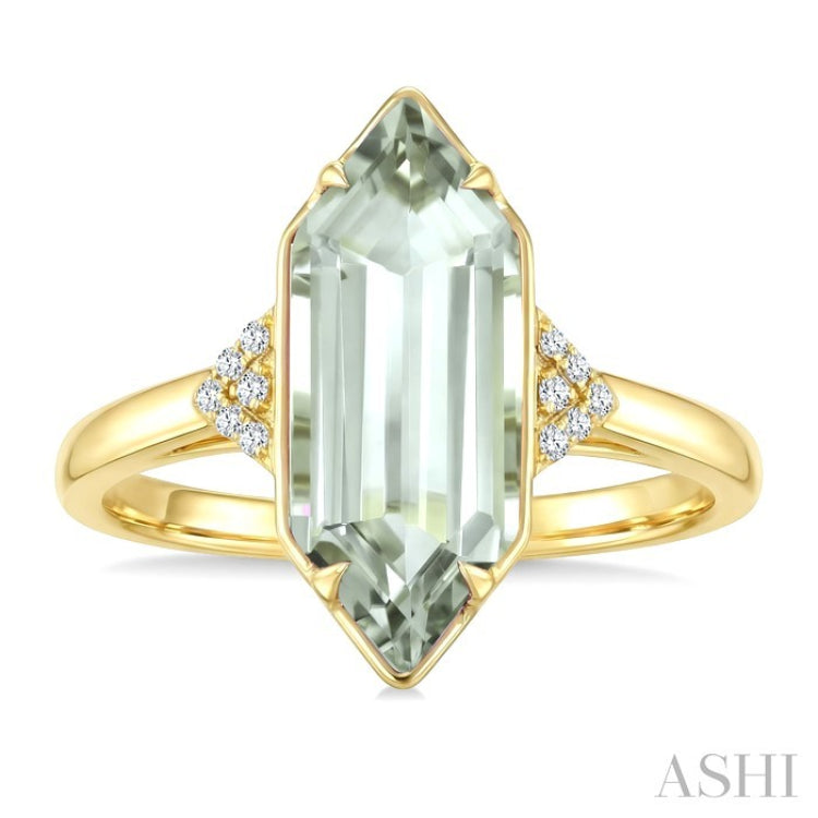16X6 MM Evoque Gemstone Hexagon Shape Green Amethyst and 1/20 Ctw Round Cut Diamond Semi-Precious Ring in 10K Yellow Gold