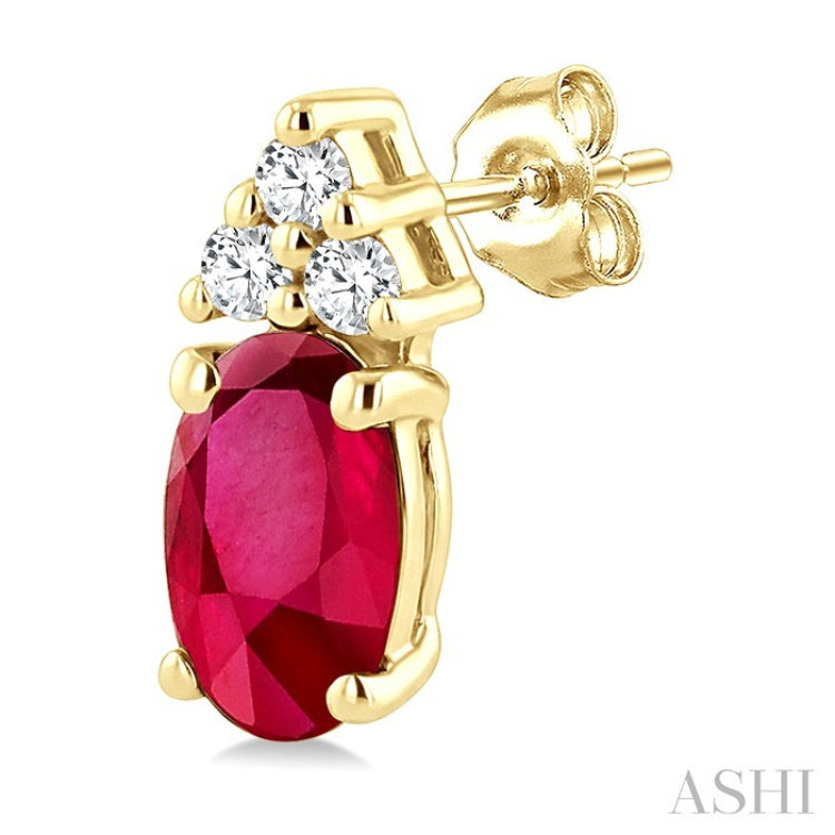 1/20 Ctw Oval Cut 5X3 MM Ruby and Round Cut Diamond Precious Earrings in 10K Yellow Gold