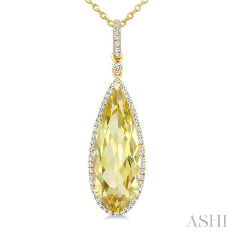 22X8 MM Evoque Gemstones Pear Shape Lemon Quartz and 1/4 Ctw Round Cut Diamond Semi-Precious Pendant With Chain in 14K Yellow Gold