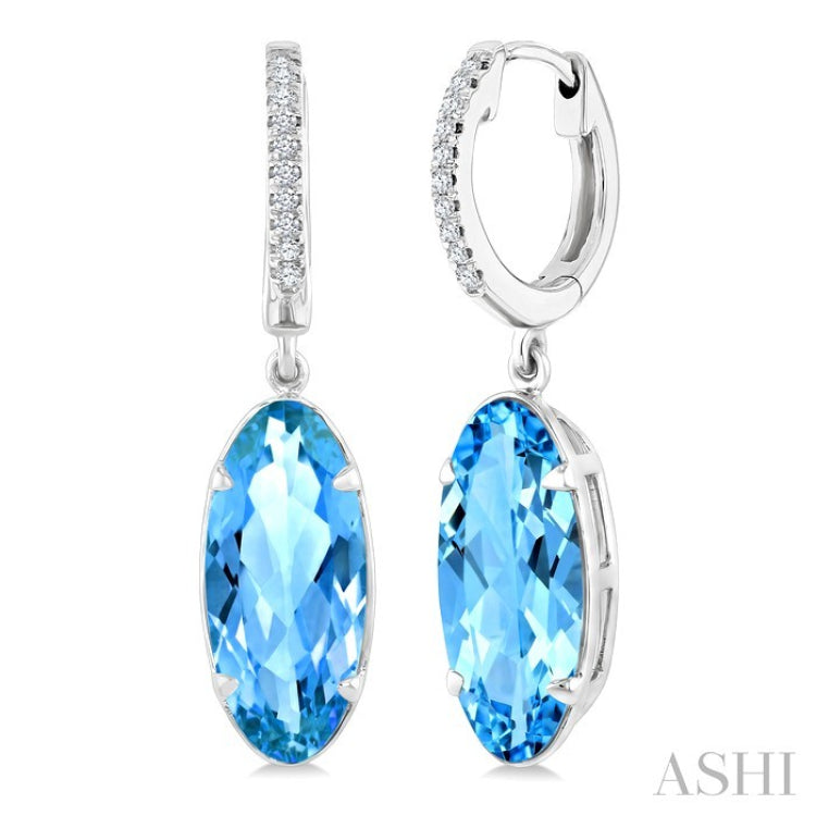 14X6 MM Evoque Gemstones Oval Shape Blue Topaz and 1/10 Ctw Round Cut Diamond Semi-Precious Earrings in 14K White Gold