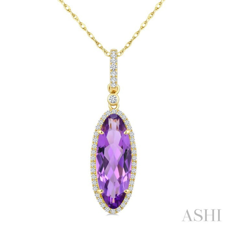 16X6 MM Evoque Gemstones Oval Shape Amethyst and 1/5 Ctw Round Cut Diamond Semi-Precious Pendant With Chain in 10K Yellow Gold