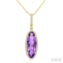 16X6 MM Evoque Gemstones Oval Shape Amethyst and 1/5 Ctw Round Cut Diamond Semi-Precious Pendant With Chain in 10K Yellow Gold
