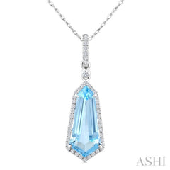16X7 MM Evoque Gemstones Shield Shape Blue Topaz and 1/5 Ctw Round Cut Diamond Semi-Precious Pendant With Chain in 10K White Gold