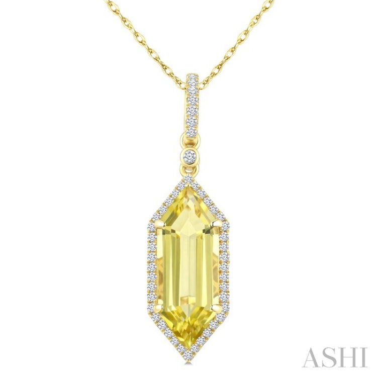 16X6 MM Evoque Gemstones Hexagon Shape Lemon Quartz and 1/5 Ctw Round Cut Diamond Semi-Precious Pendant With Chain in 10K Yellow Gold