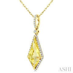 16X7 MM Evoque Gemstones Kite Shape Lemon Quartz and 1/5 Ctw Round Cut Diamond Semi-Precious Pendant With Chain in 10K Yellow Gold